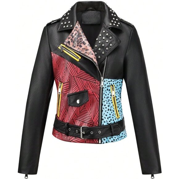 Women Faux Leather Motorcycle Jacket Multicolor Stand Collar with Pockets Coat - Picture 1 of 5
